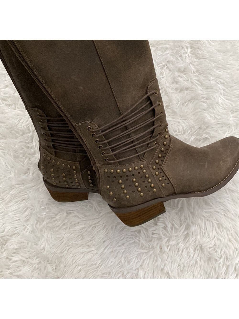 Not Rated weathered brown grommet & stitched riding boot - Picture 8 of 9